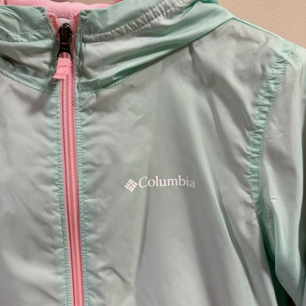 Girls Columbia Fleece Lined Hooded Windbreaker Jacket Sz 10-12 Pink Green Spring